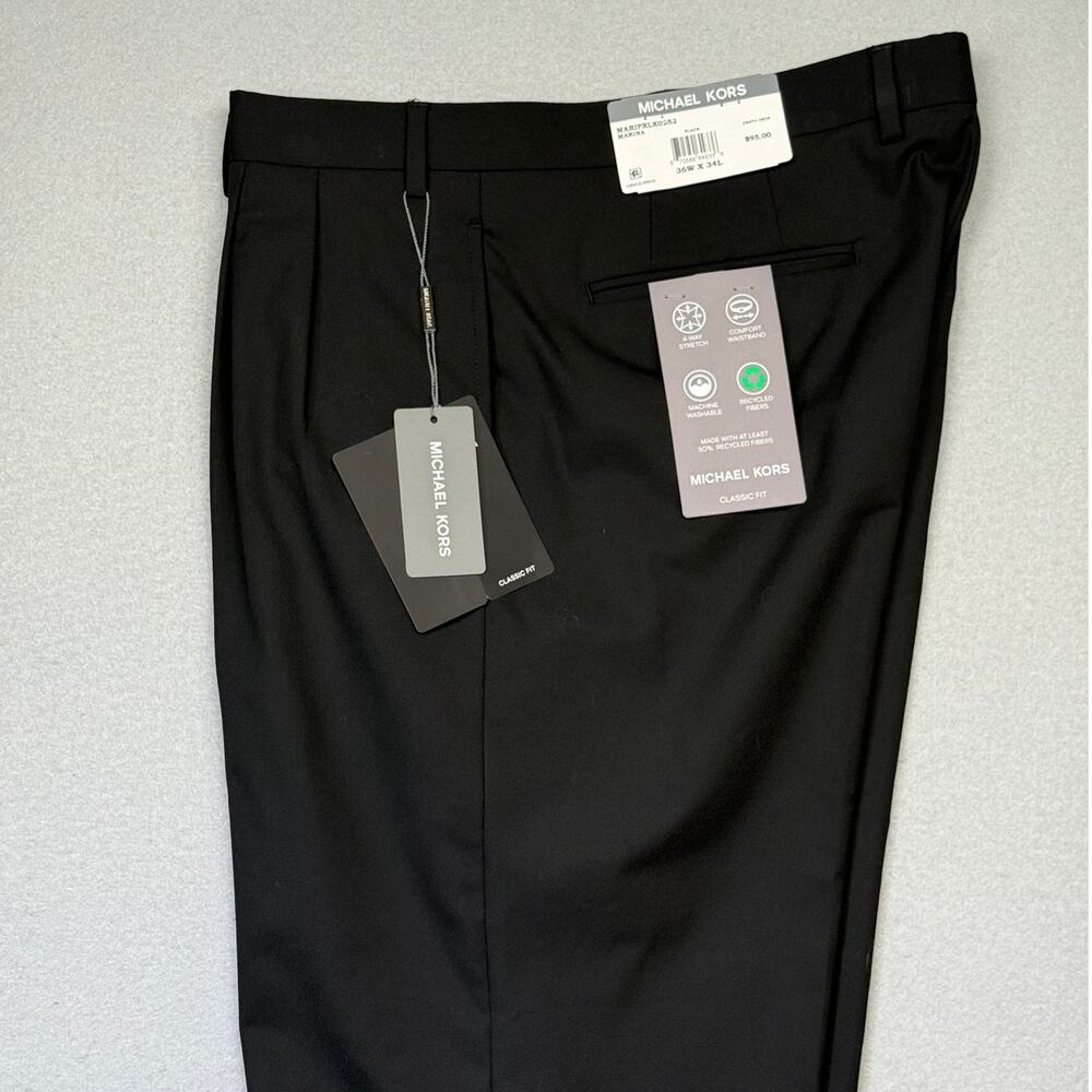 Michael Kors Men's Pleated Solid Classic Fit Pants Black 36x34 $95